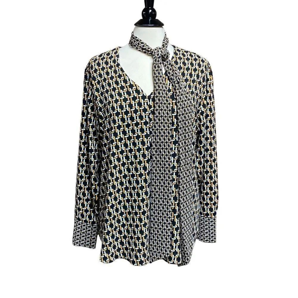 Chico’s Geometric Link-Print Scarf Button Down Blouse Size 3 (large) NEW